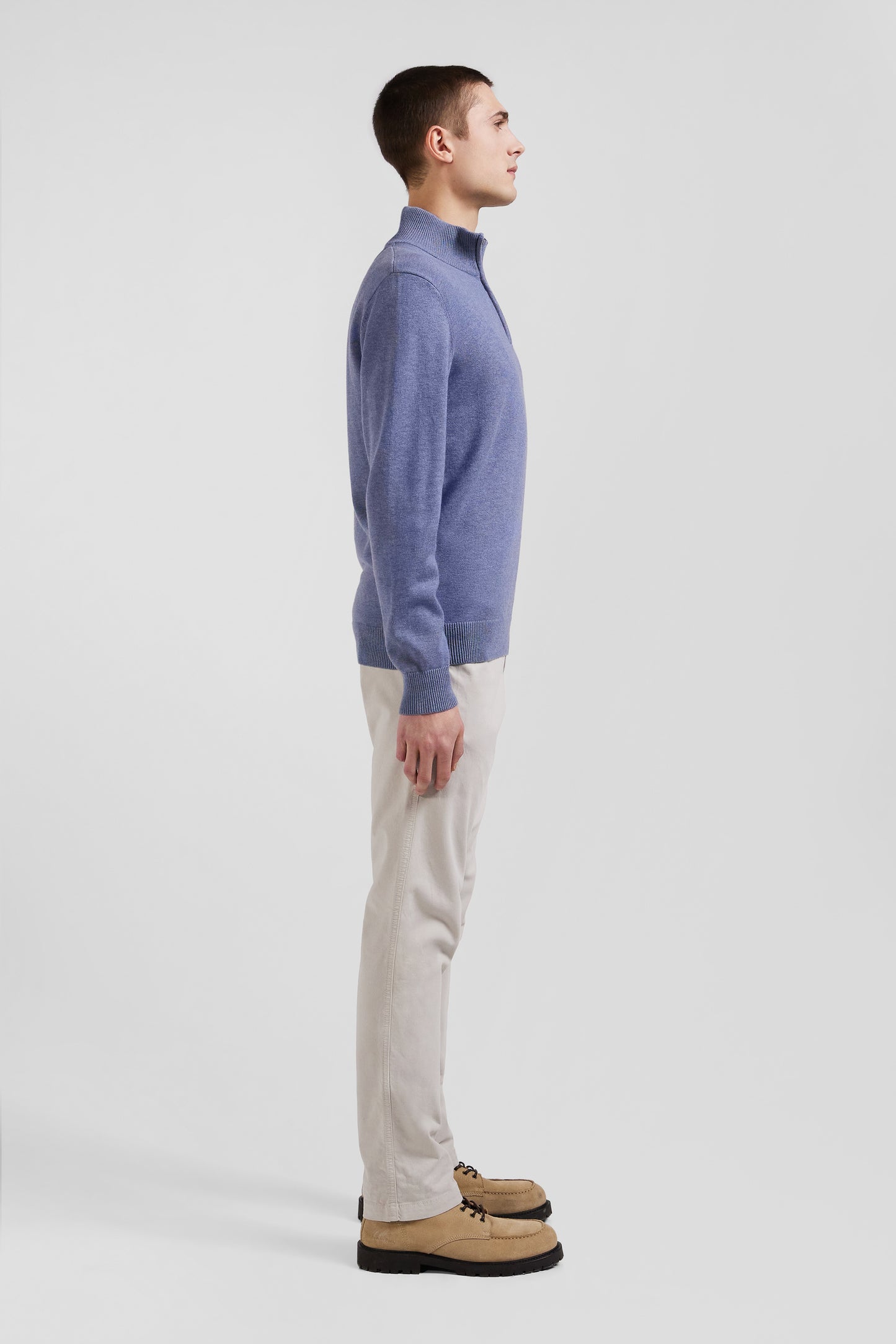 Regular light blue semi-zipped wool and cotton jumper