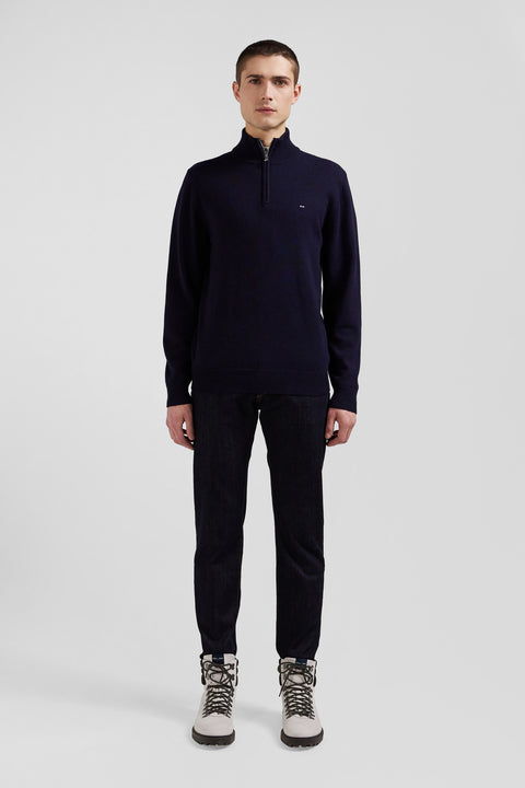 Regular navy blue semi-zipped wool and cotton jumper - Image 1