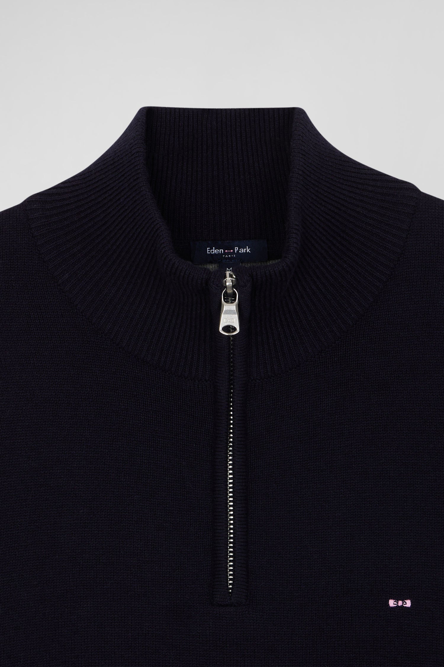 Regular navy blue semi-zipped wool and cotton jumper