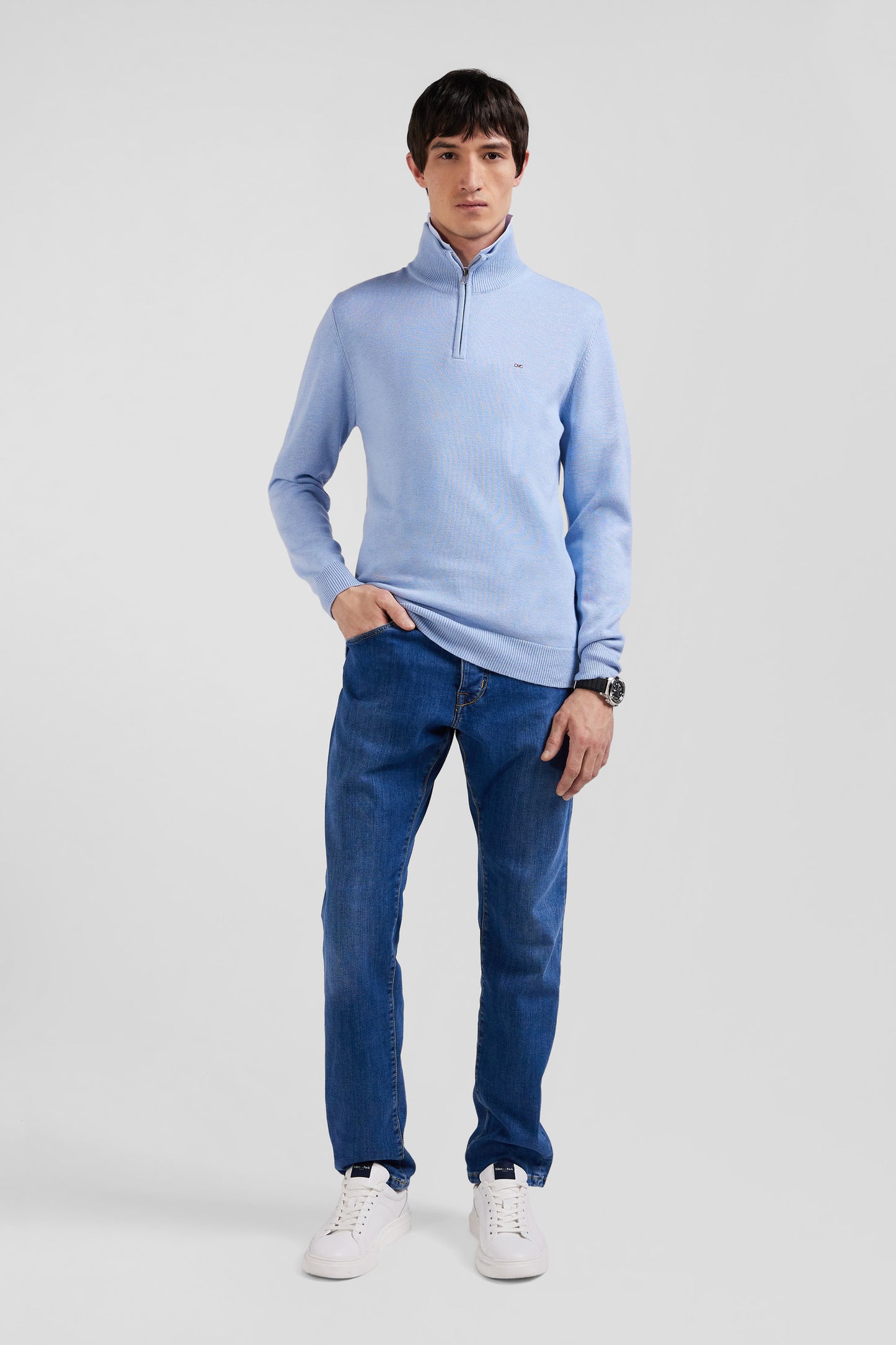 Regular sky blue semi-zipped wool and cotton jumper