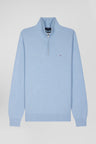 Regular sky blue semi-zipped wool and cotton jumper