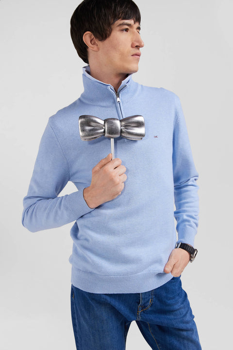 Regular sky blue semi-zipped wool and cotton jumper - Image 3