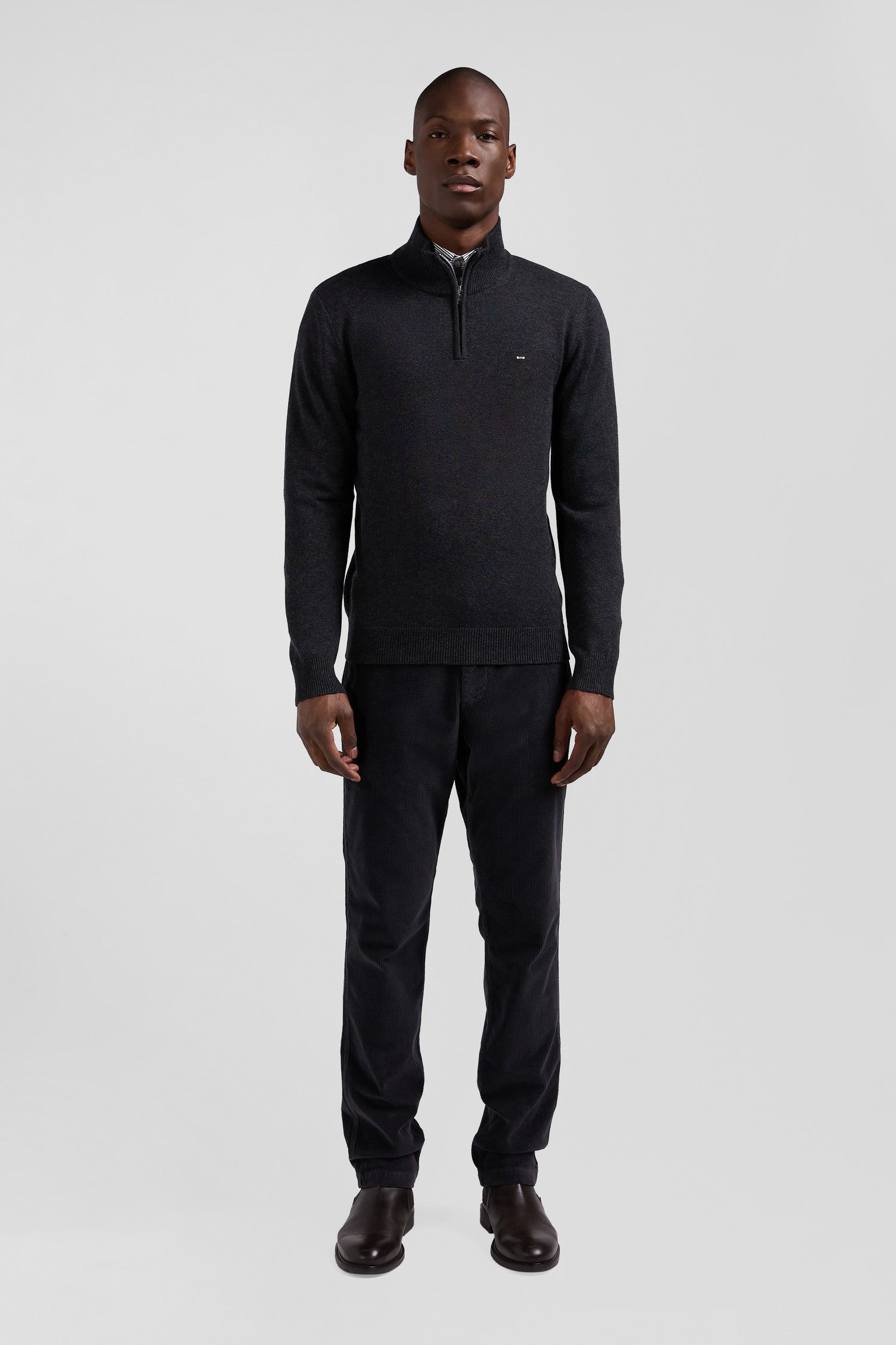 Regular anthracite grey semi-zipped wool and cotton jumper