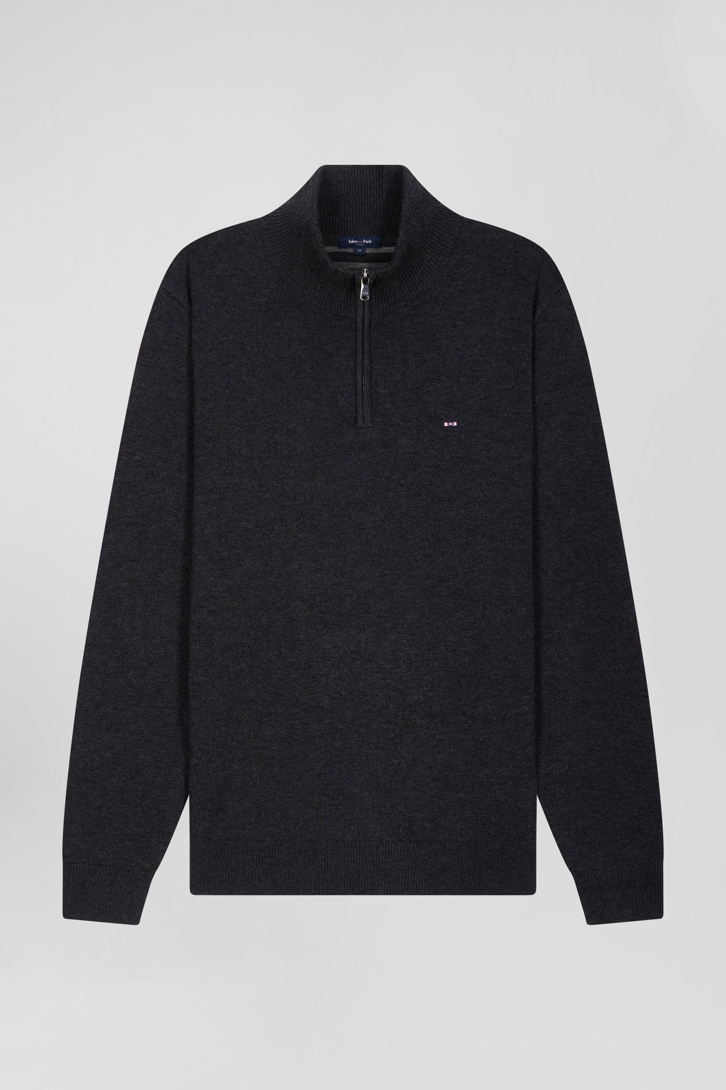 Regular anthracite grey semi-zipped wool and cotton jumper