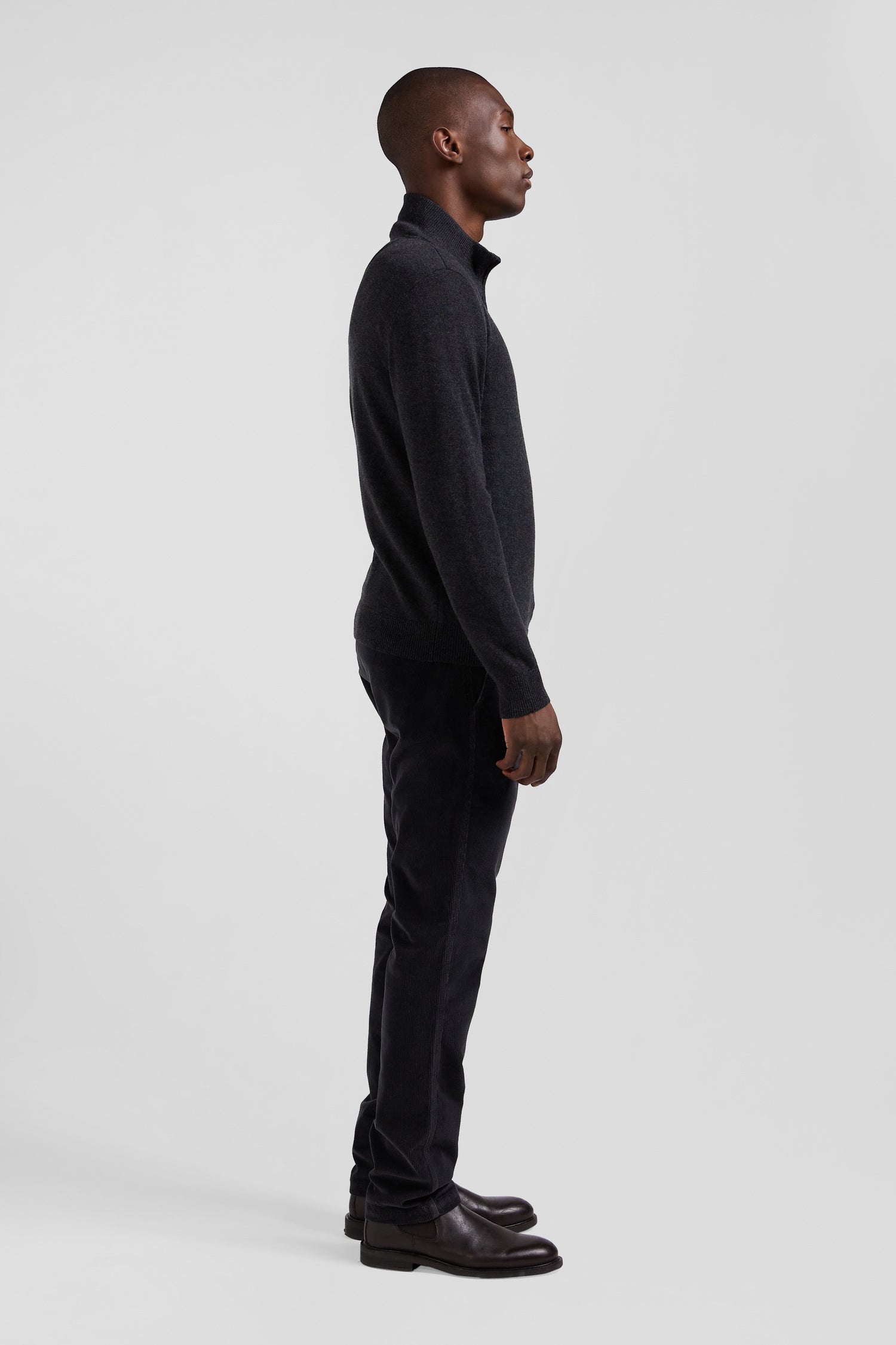 Regular anthracite grey semi-zipped wool and cotton jumper