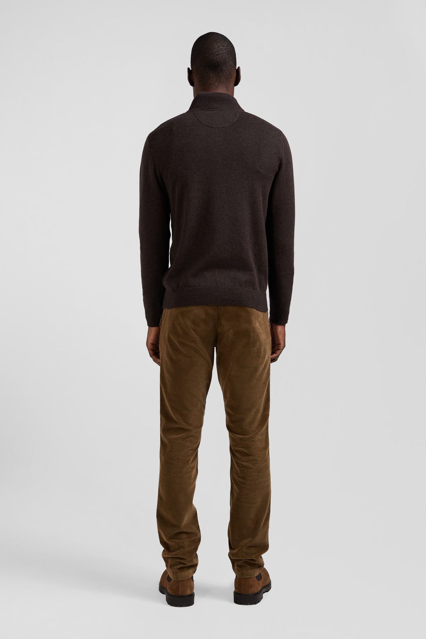 Regular dark brown semi-zipped wool and cotton jumper