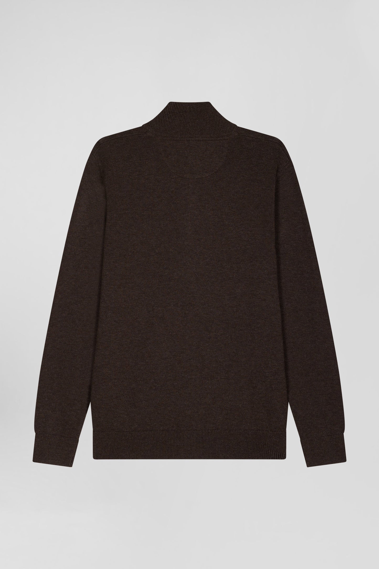 Regular dark brown semi-zipped wool and cotton jumper