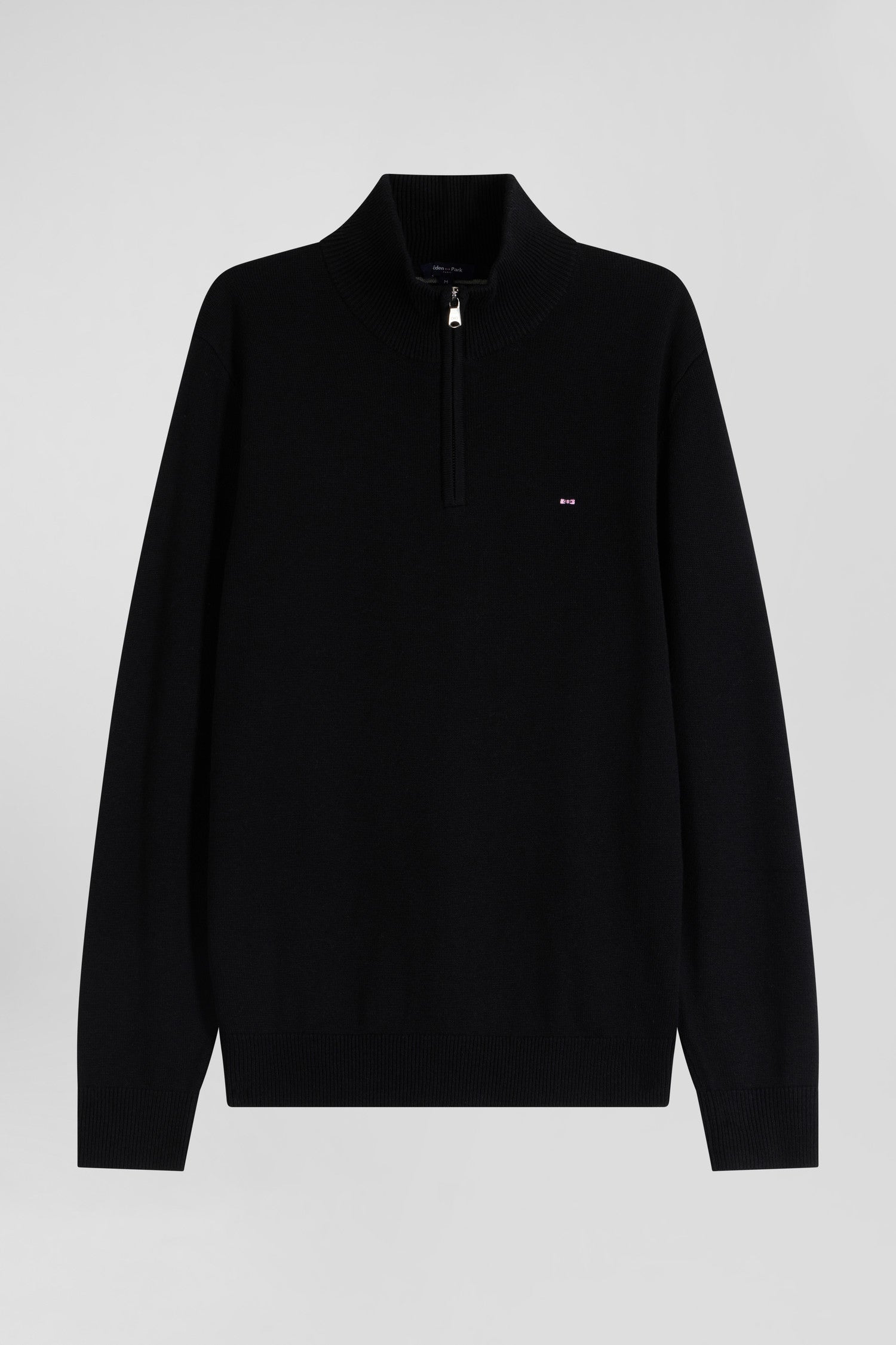 Regular black semi-zipped wool and cotton jumper