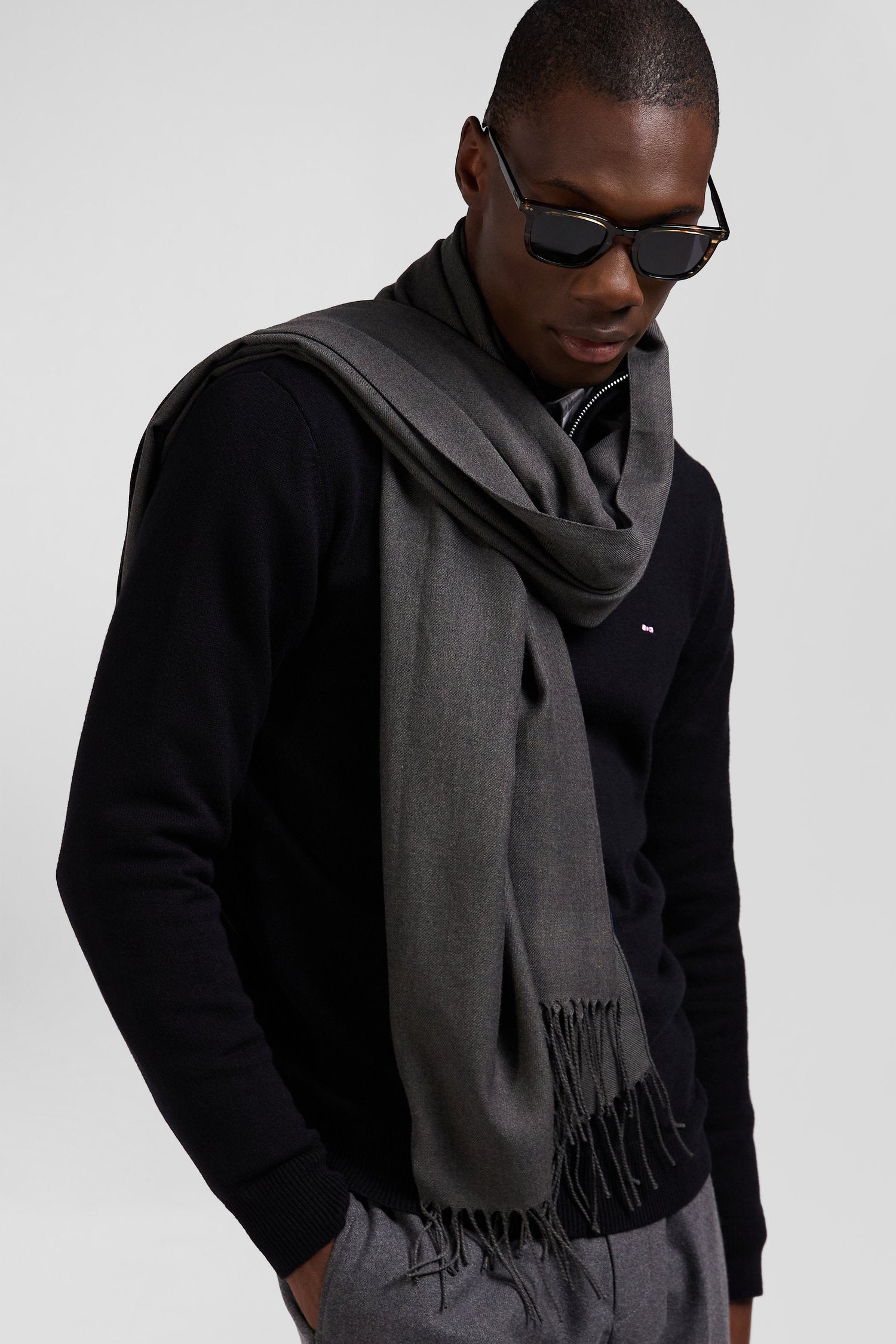 Regular black semi-zipped wool and cotton jumper