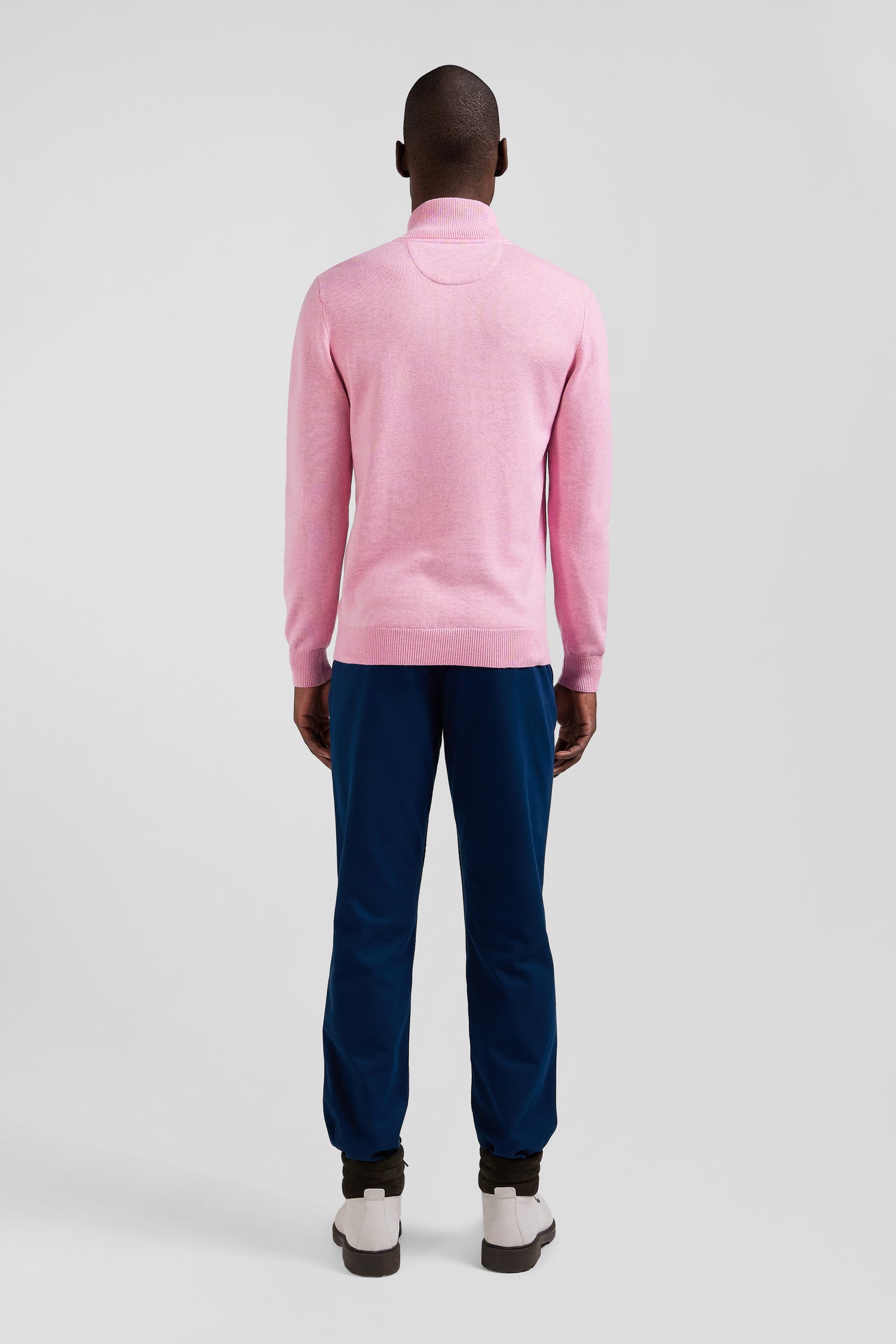 Regular pink semi-zipped wool and cotton jumper