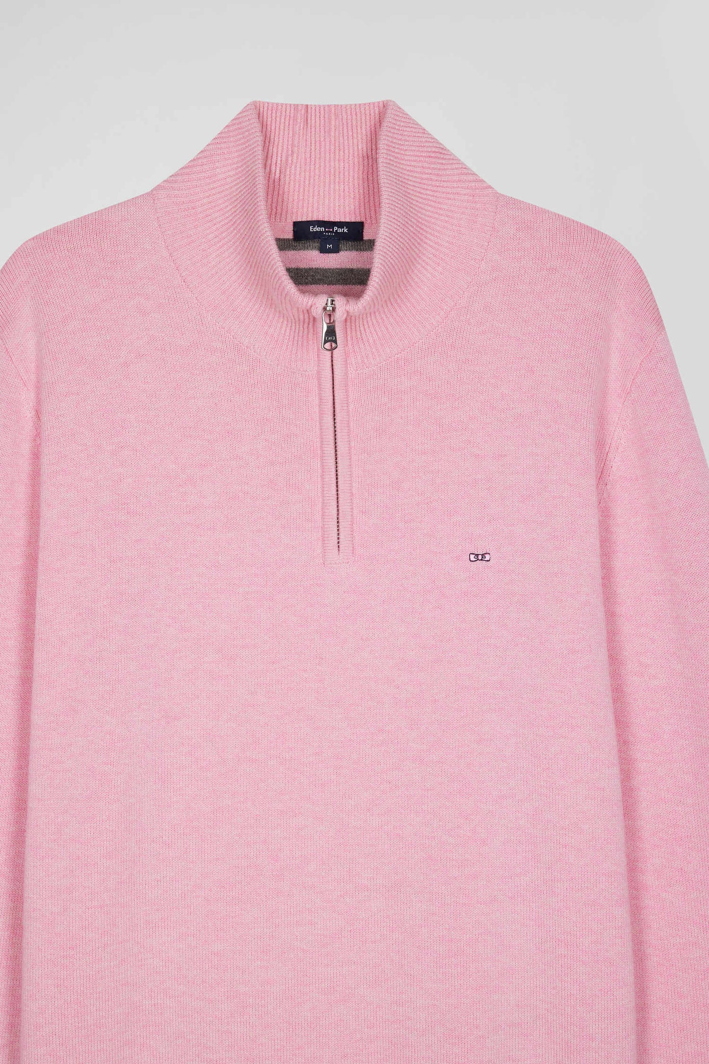 Regular pink semi-zipped wool and cotton jumper