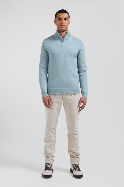 Regular green semi-zipped wool and cotton jumper - Image 1