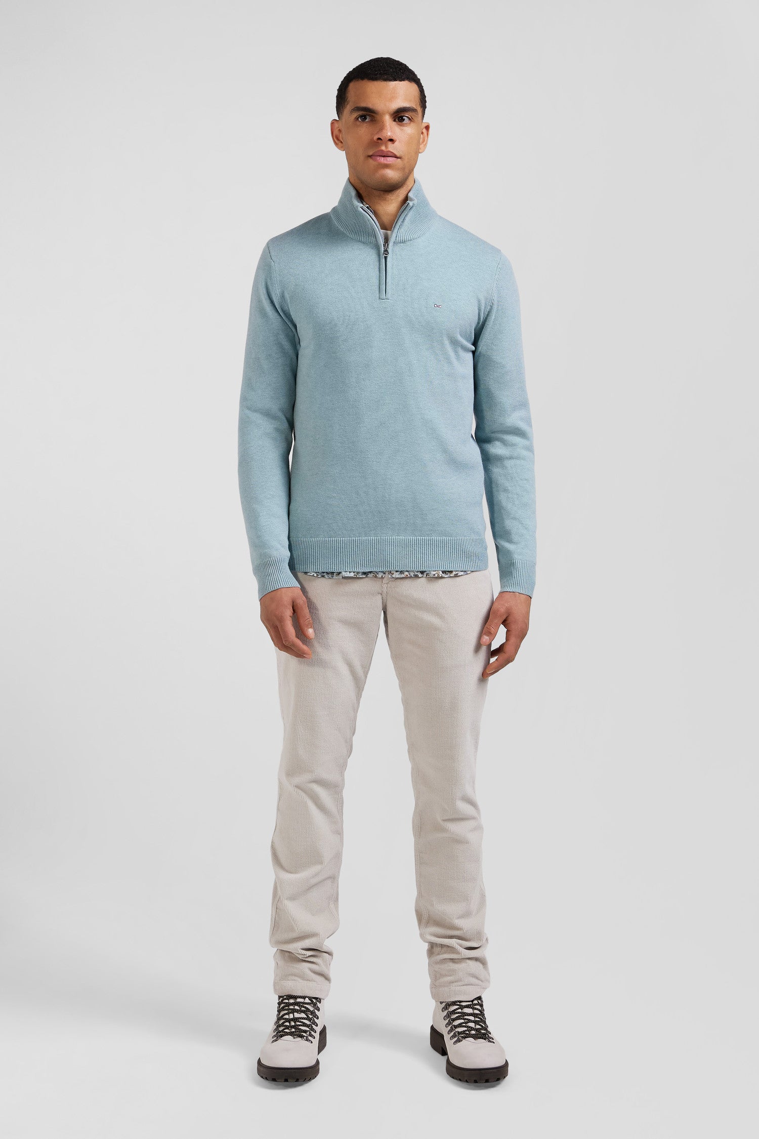 Regular green semi-zipped wool and cotton jumper