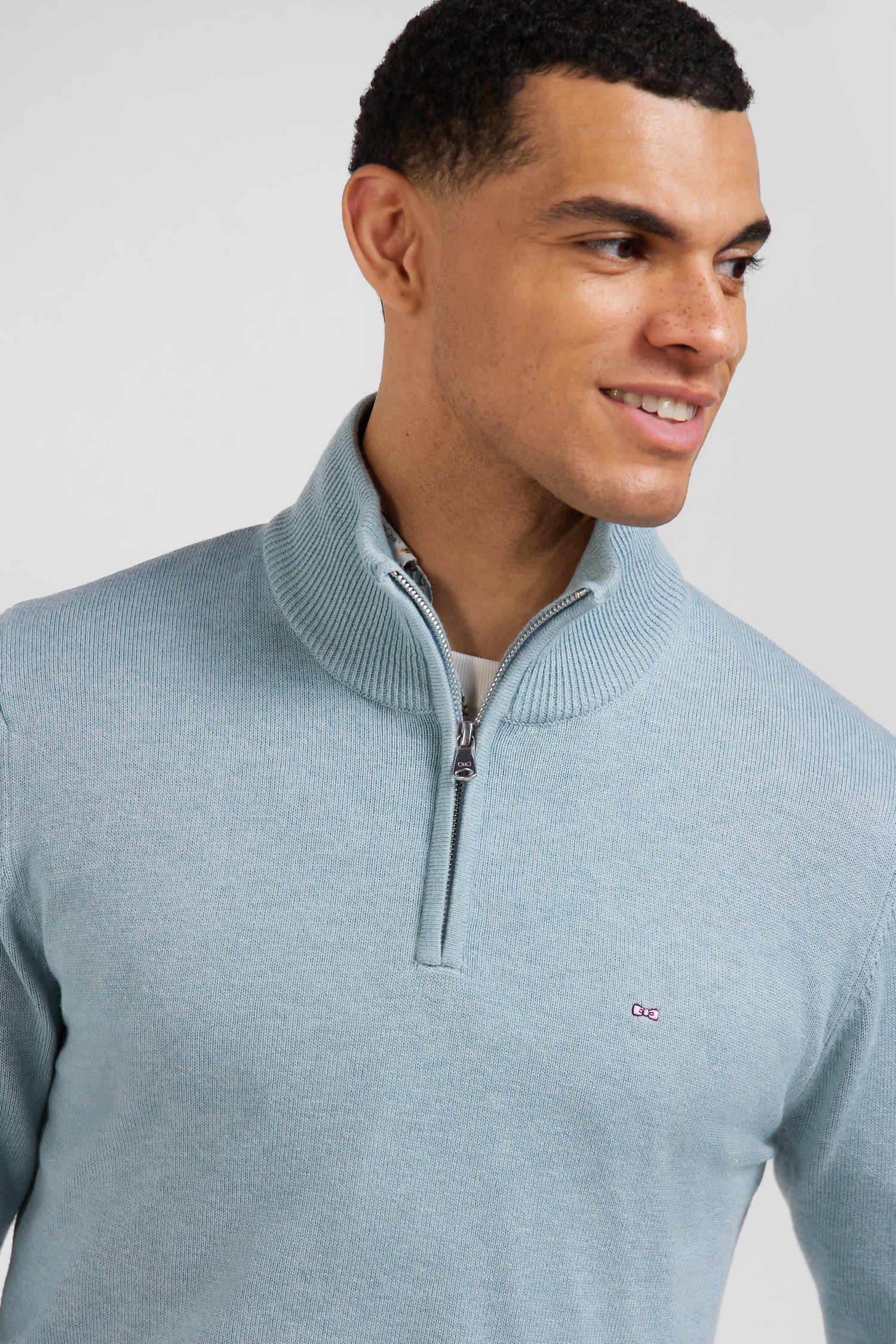 Regular green semi-zipped wool and cotton jumper