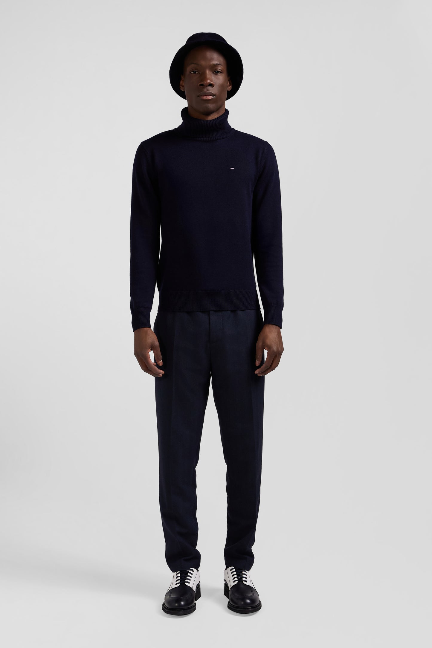 Regular navy blue wool and cotton turtleneck jumper