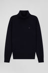 Regular navy blue wool and cotton turtleneck jumper