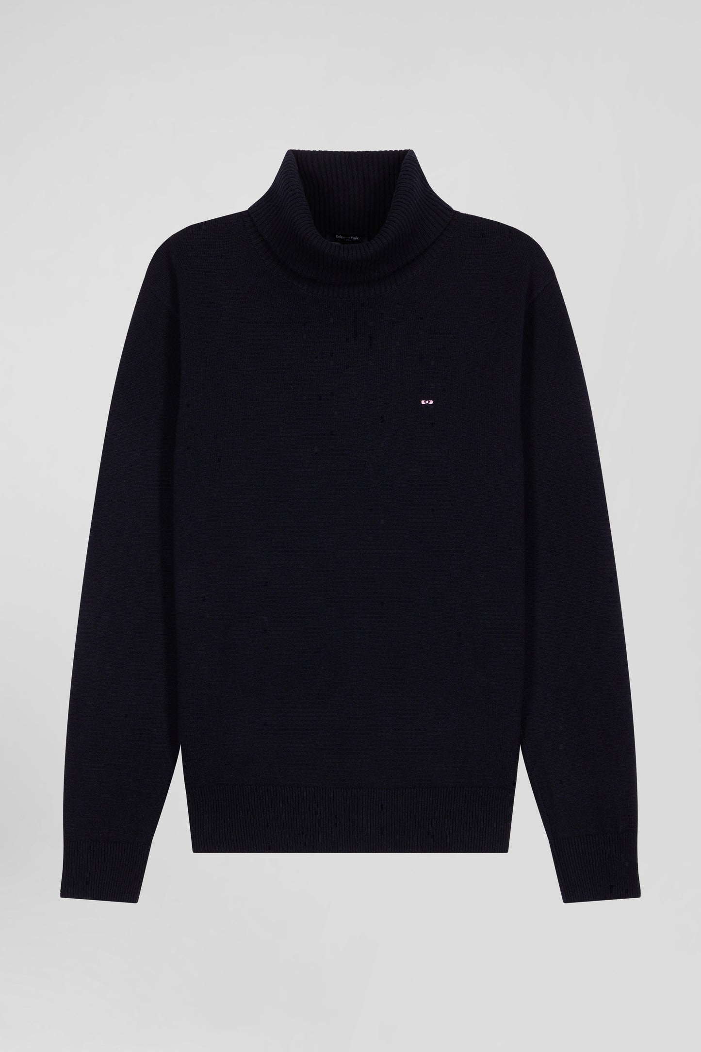 Regular navy blue wool and cotton turtleneck jumper