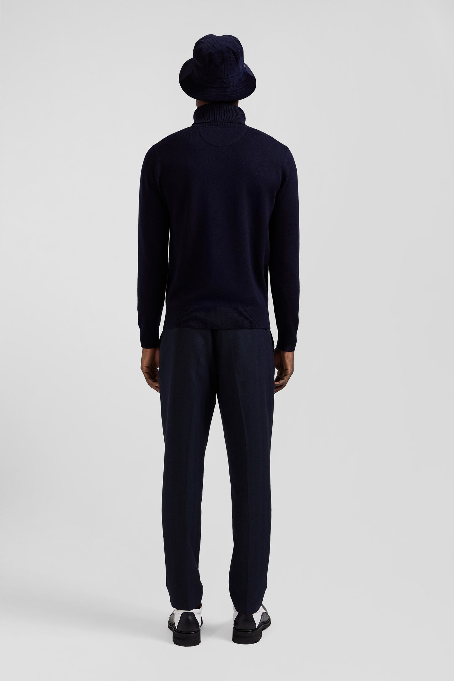 Regular navy blue wool and cotton turtleneck jumper