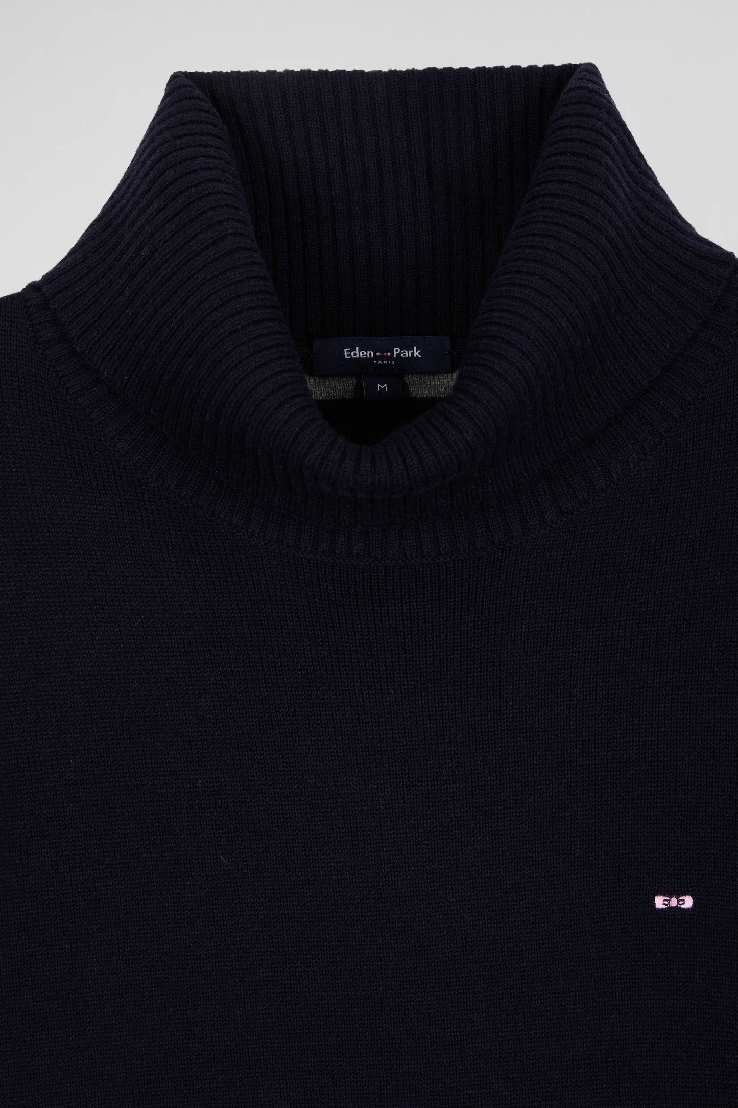 Regular navy blue wool and cotton turtleneck jumper