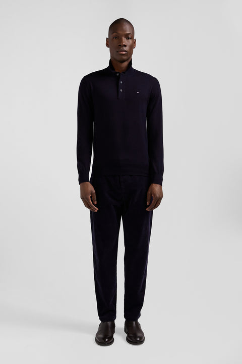 Regular navy blue wool jersey jumper with rugby shirt collar - Image 1