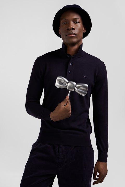 Regular navy blue wool jersey jumper with rugby shirt collar - Image 3
