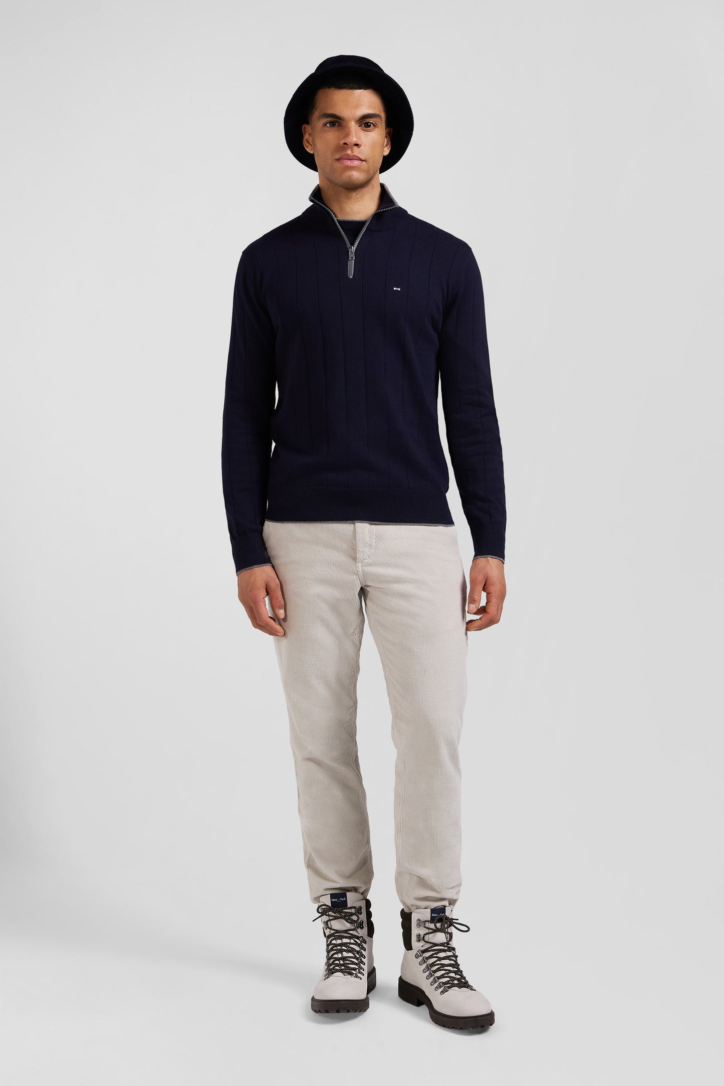 Regular navy blue semi-zipped cotton and cashmere jumper