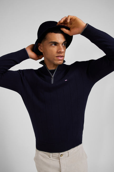Regular navy blue semi-zipped cotton and cashmere jumper - Image 3