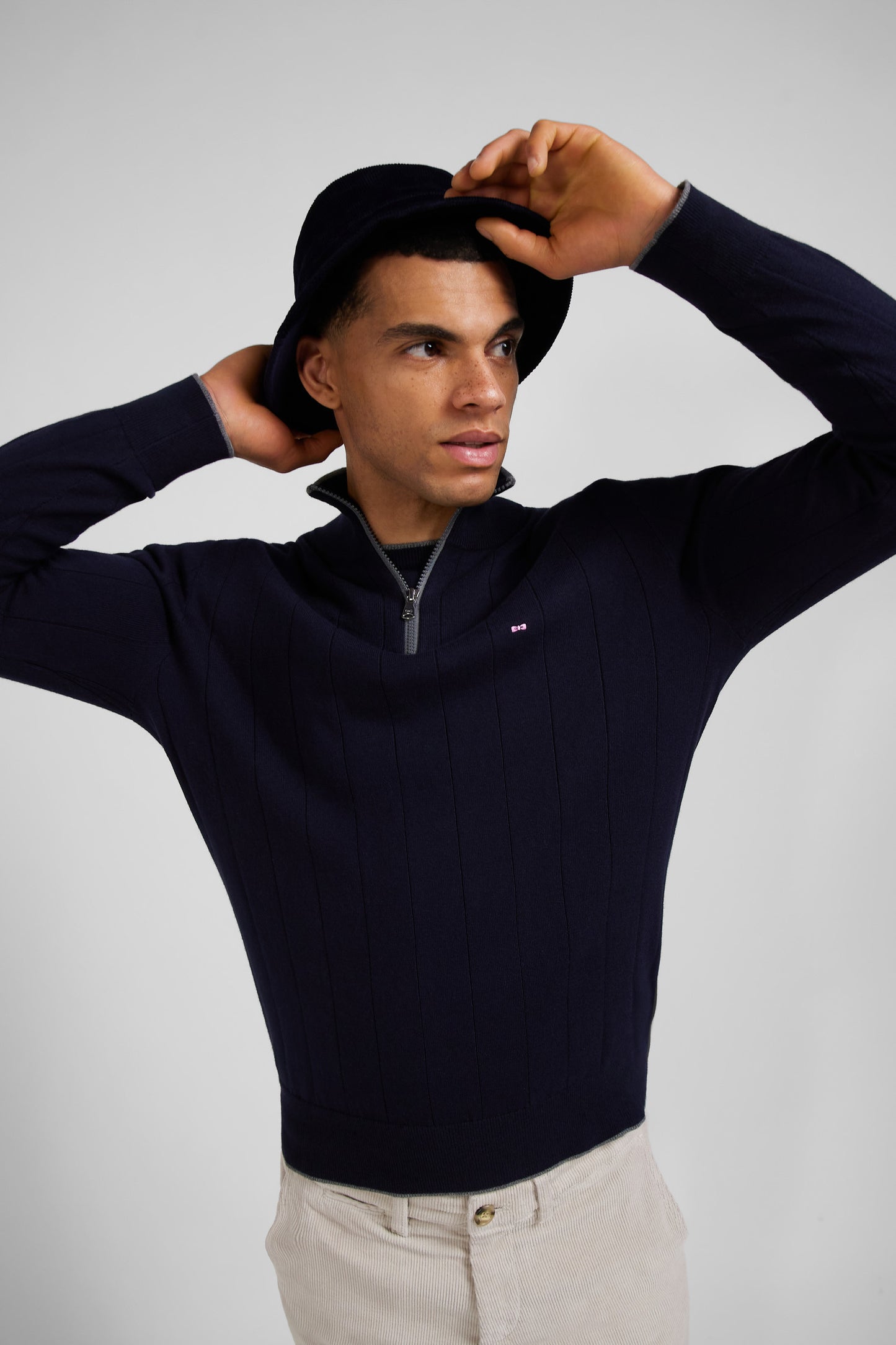 Regular navy blue semi-zipped cotton and cashmere jumper