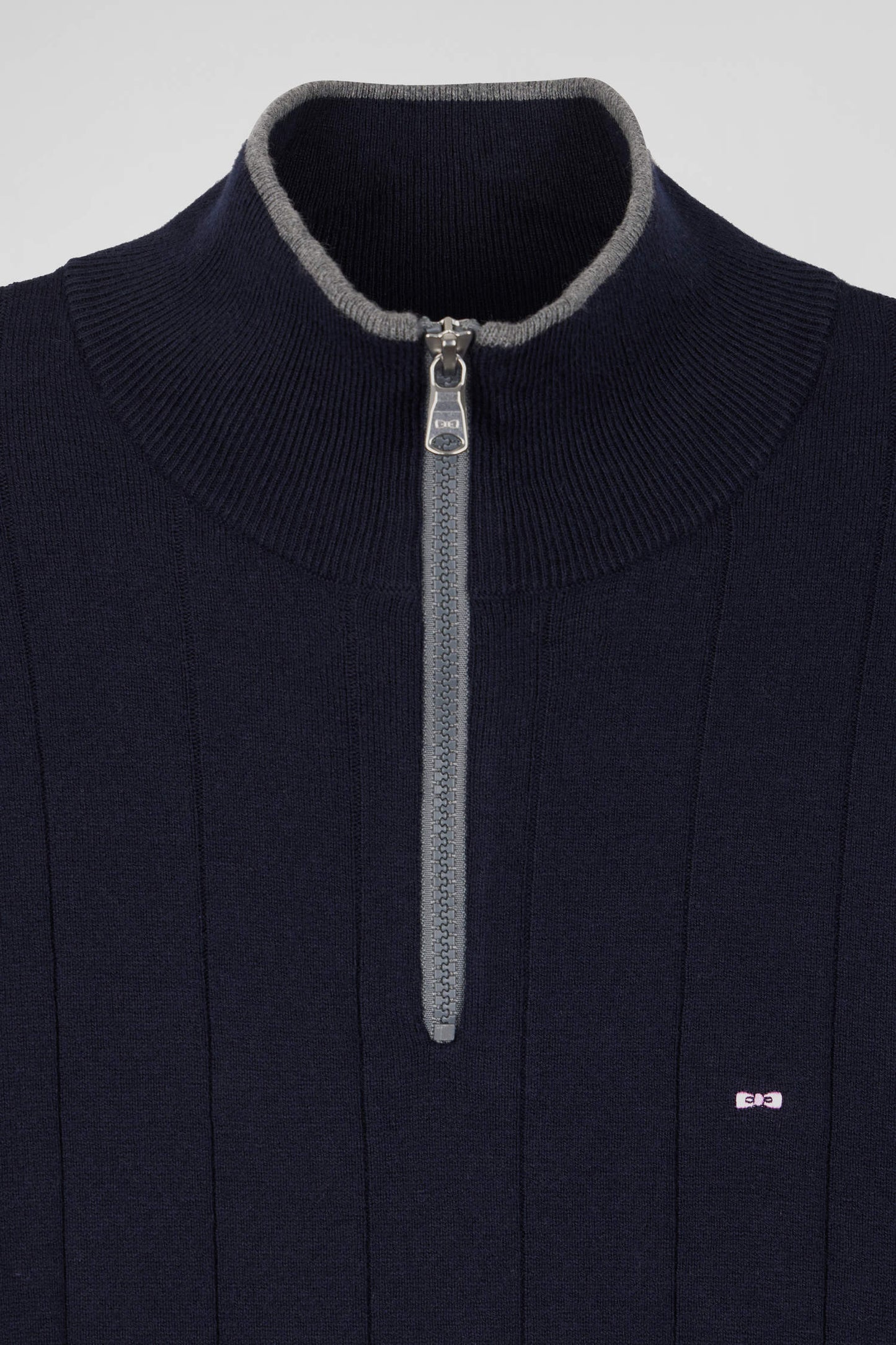 Regular navy blue semi-zipped cotton and cashmere jumper