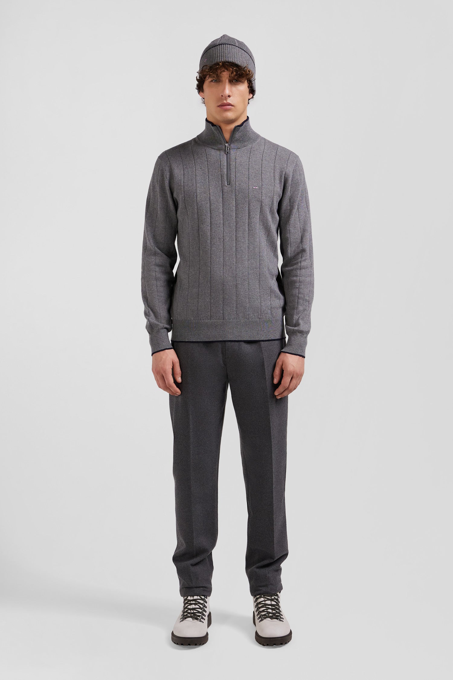 Regular grey semi-zipped cotton and cashmere jumper