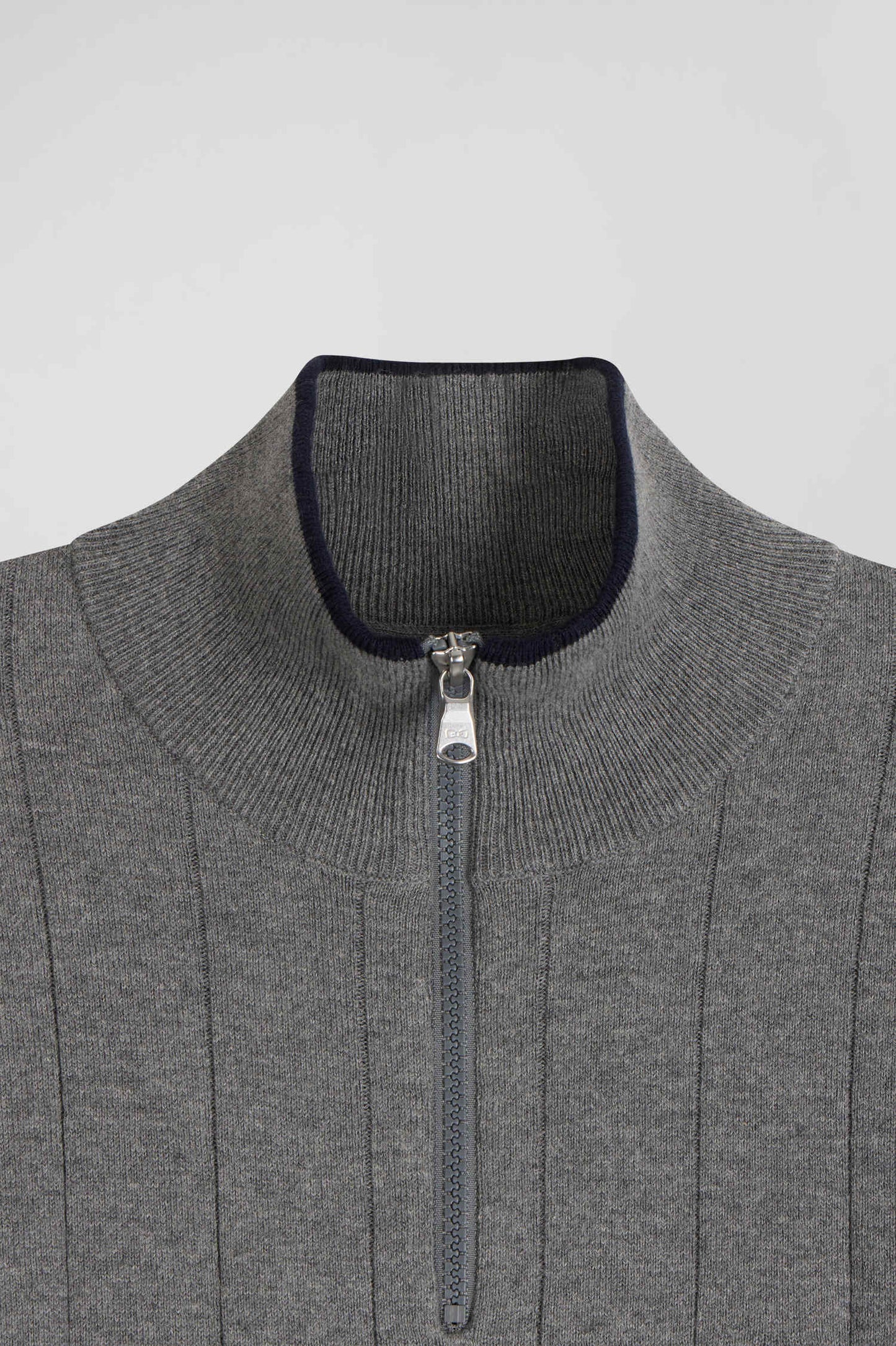 Regular grey semi-zipped cotton and cashmere jumper