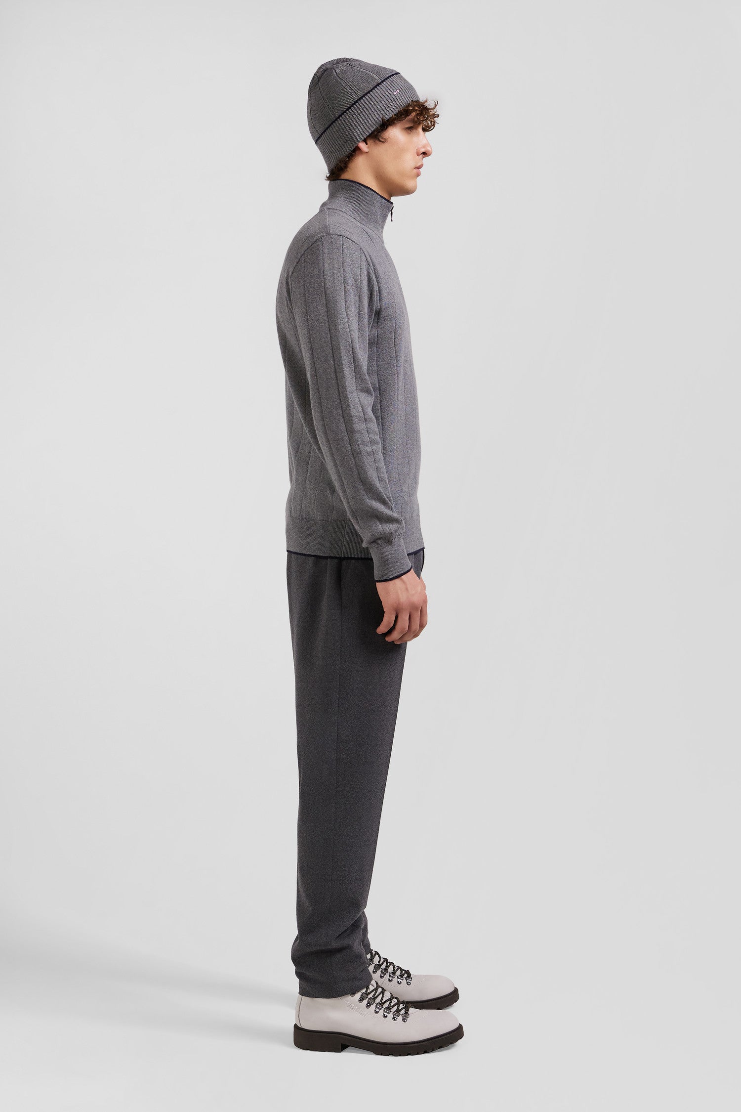 Regular grey semi-zipped cotton and cashmere jumper