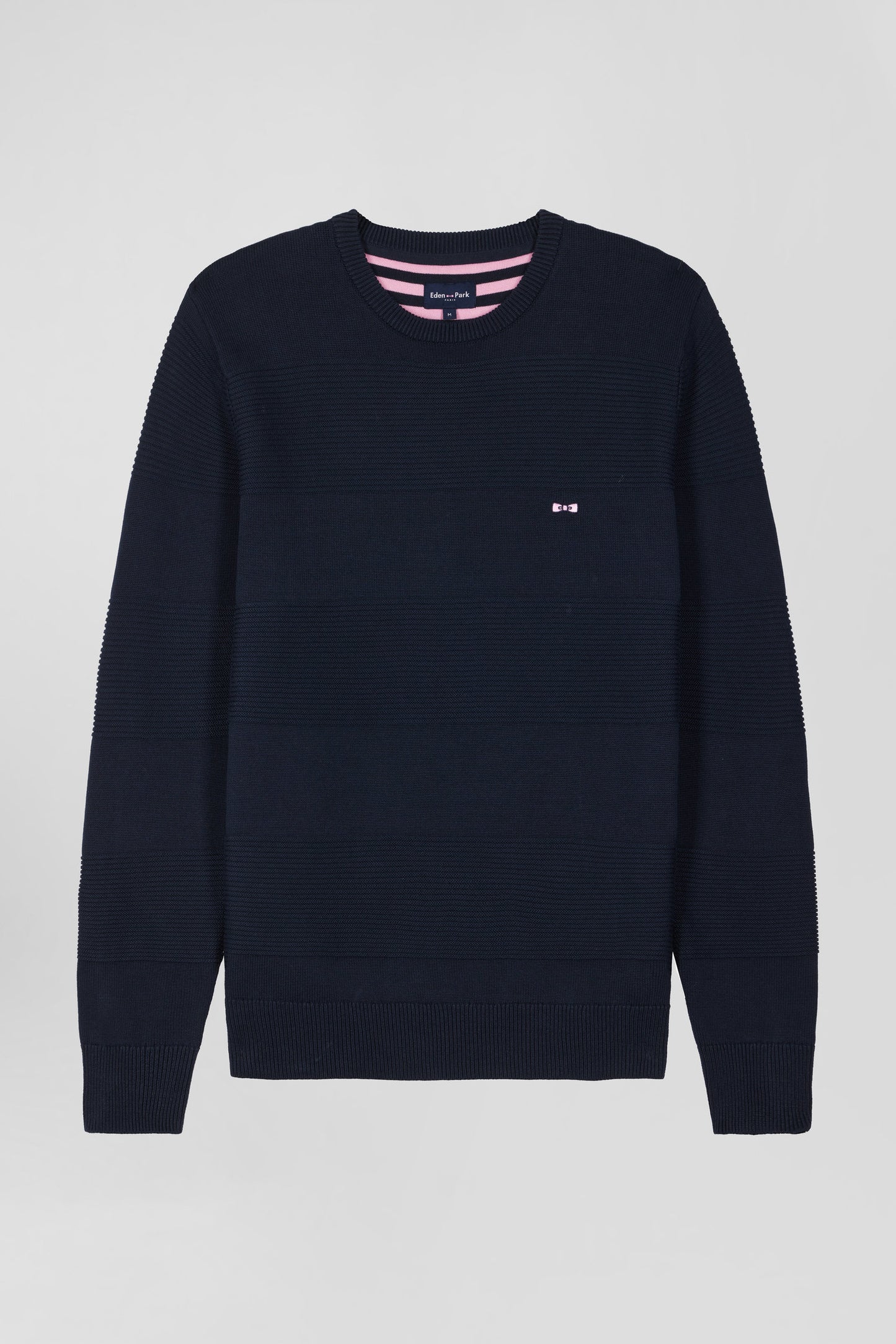 Regular navy blue cotton crew neck jumper with knit patterns