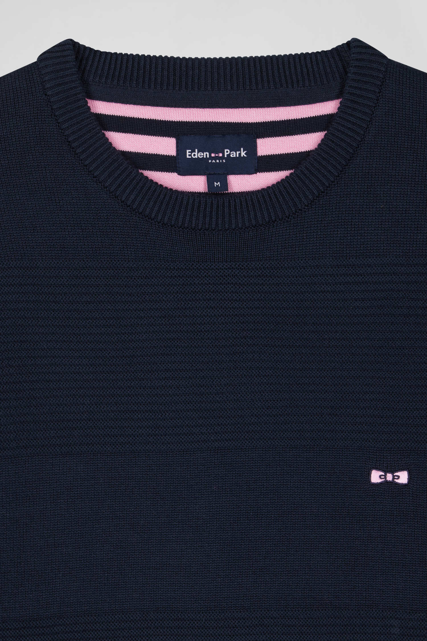 Regular navy blue cotton crew neck jumper with knit patterns