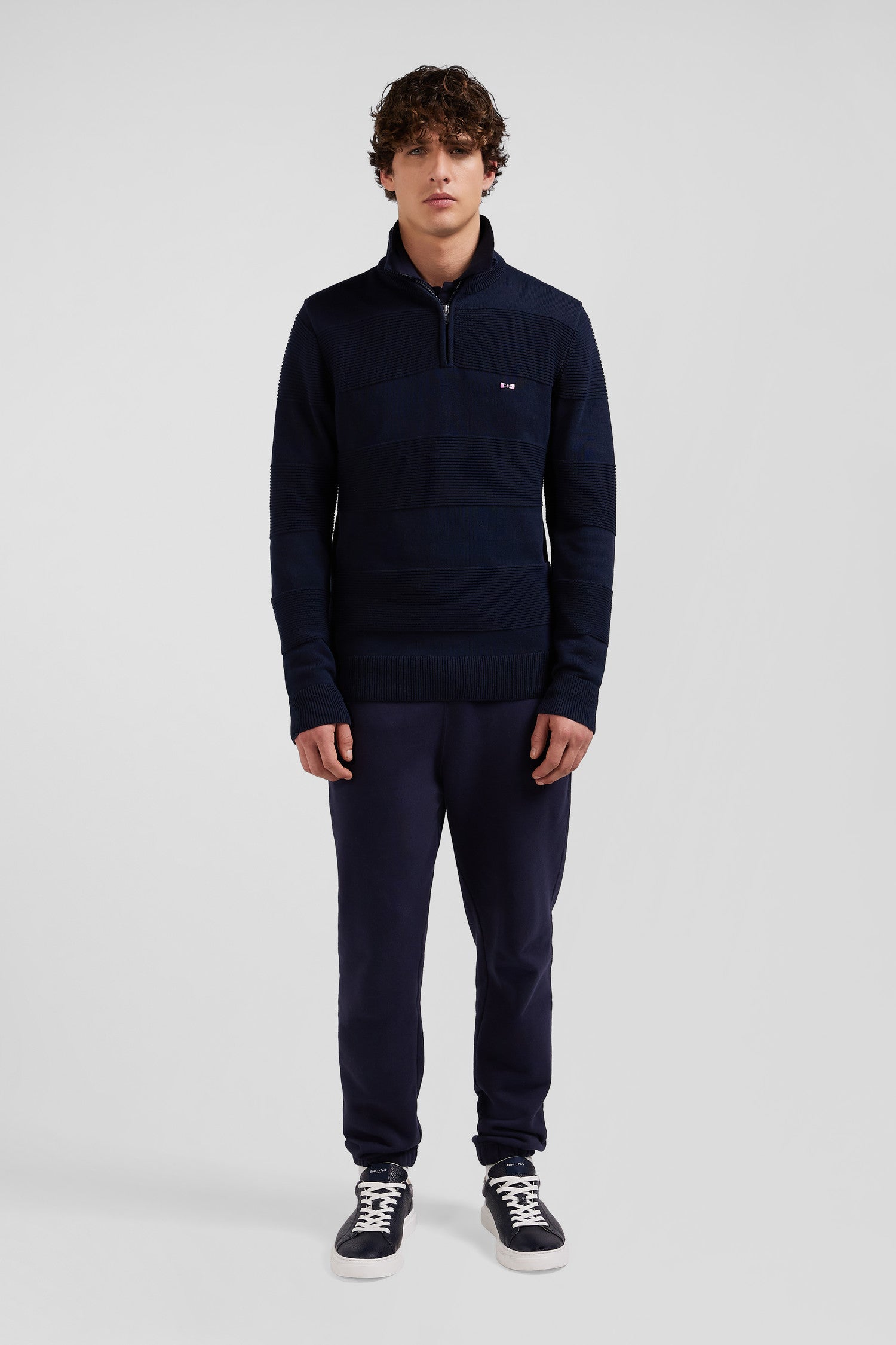 Regular navy blue semi-zipped cotton jumper with knit patterns