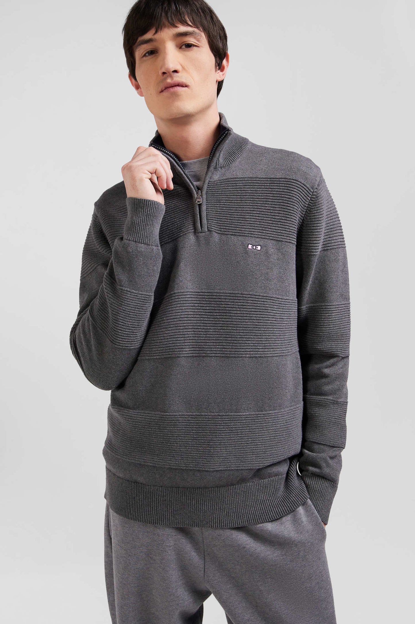 Grey cotton half-zip jumper with knit details Regular fit