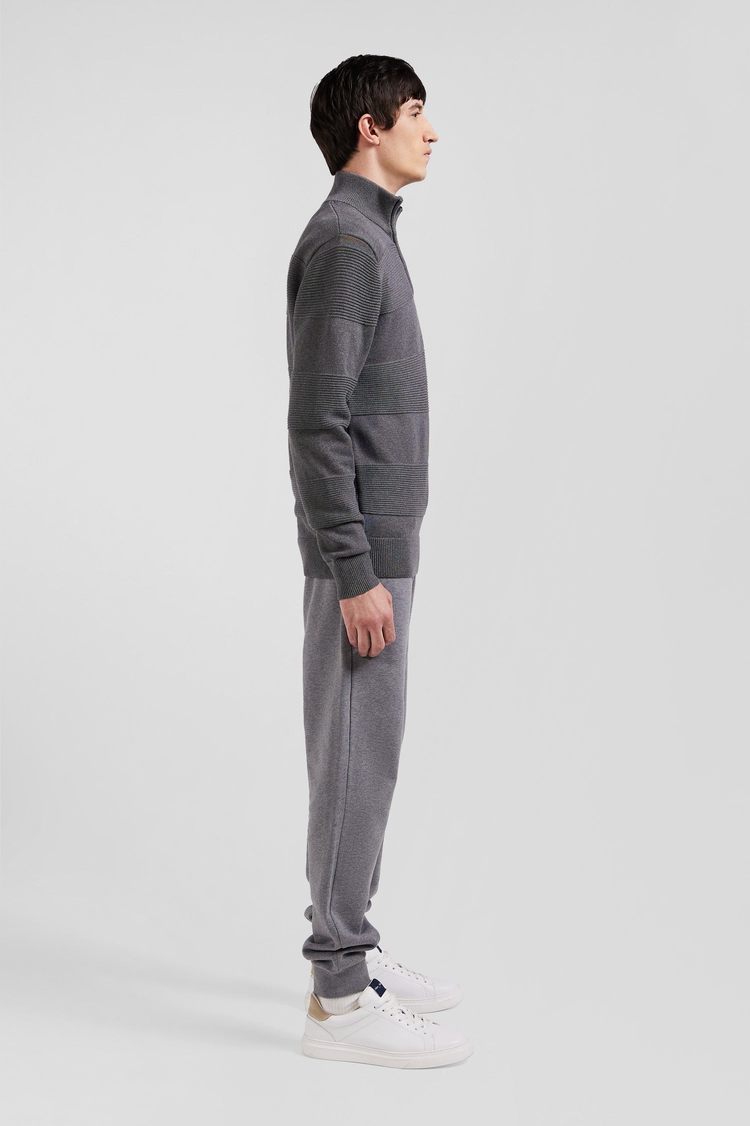 Grey cotton half-zip jumper with knit details Regular fit