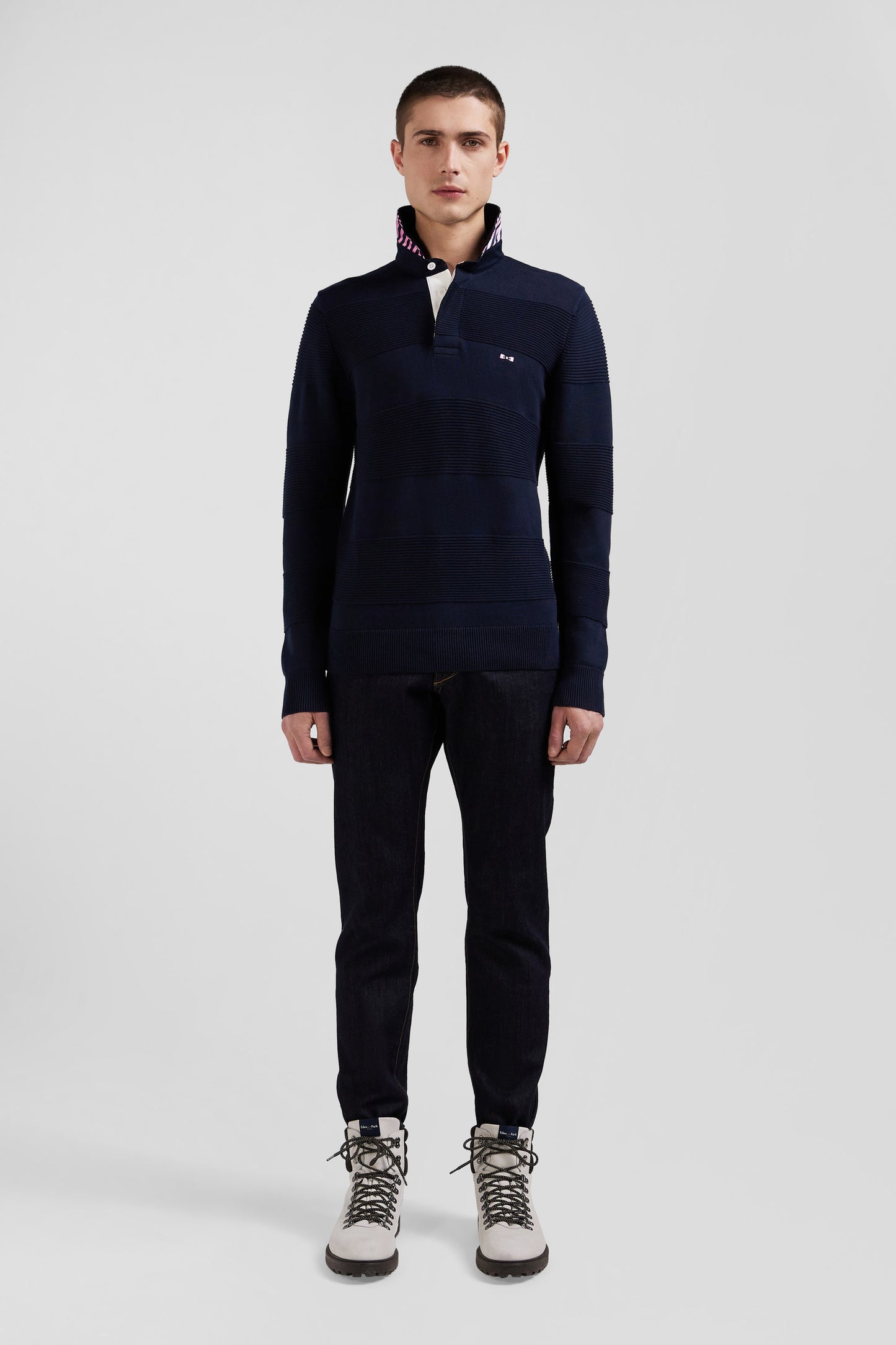 Regular navy blue cotton polo neck jumper