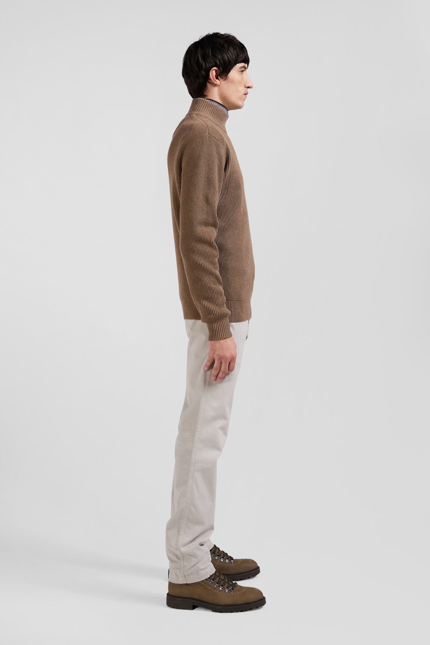 Regular brown wool and cotton high-neck jumper