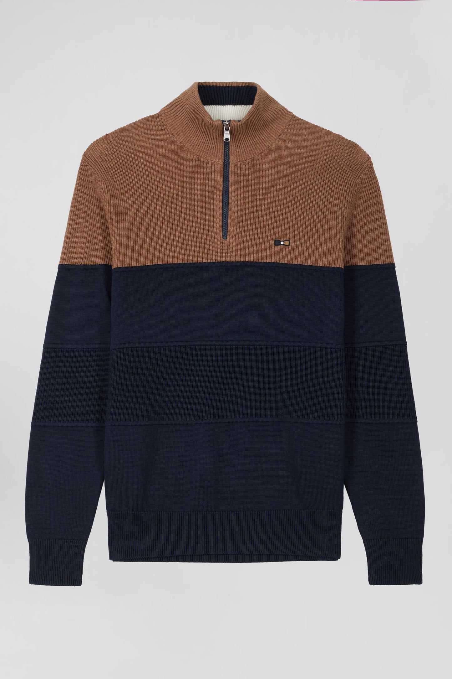 Hazelnut cotton trucker-neck sweater with regular-fit knitwear.