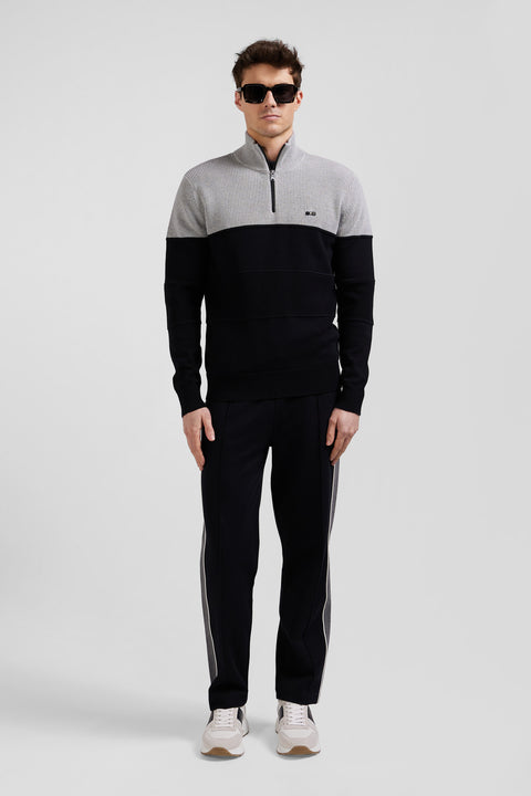 Grey cotton half-zip jumper with knit details Regular fit - Image 1
