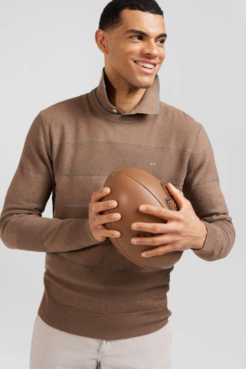 Regular brown striped cotton and cashmere crew neck jumper - Image 3