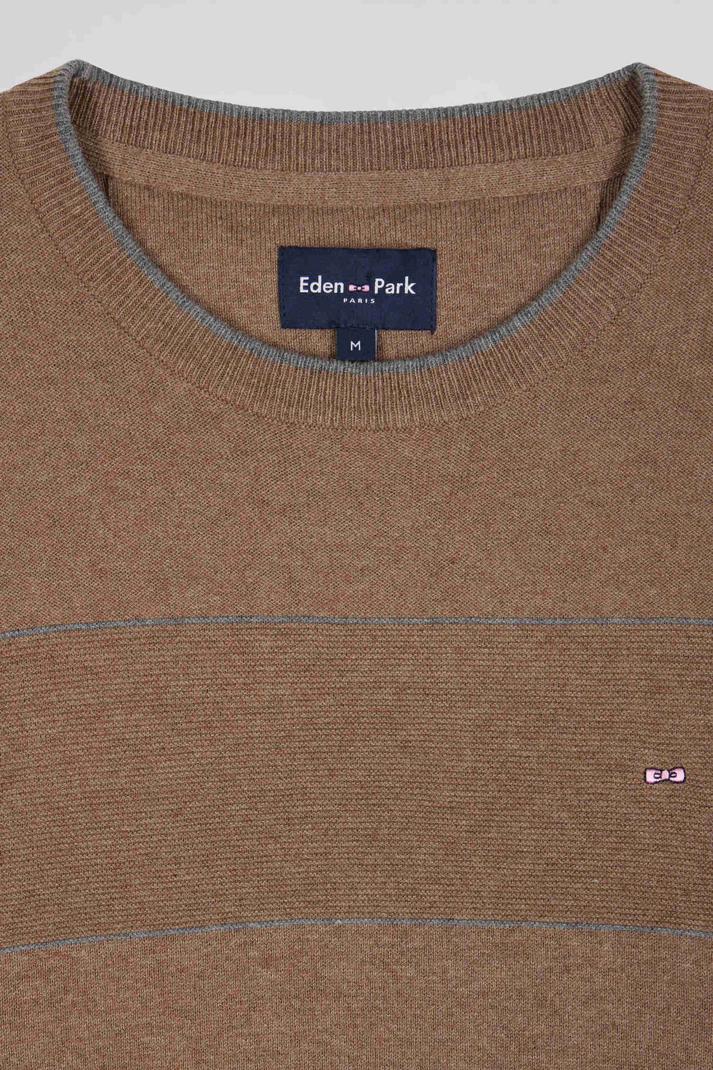 Pull col rond rayé en coton et cachemire marron coupe Regular