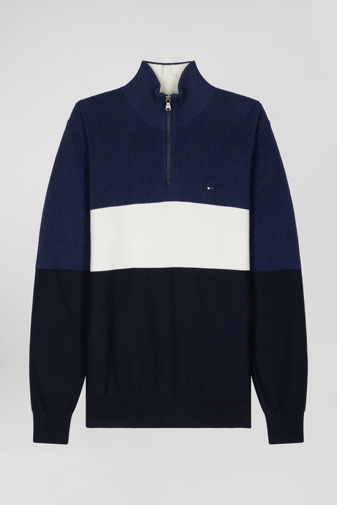 Regular dark blue semi-zipped cotton jumper with knit patterns - Image 2