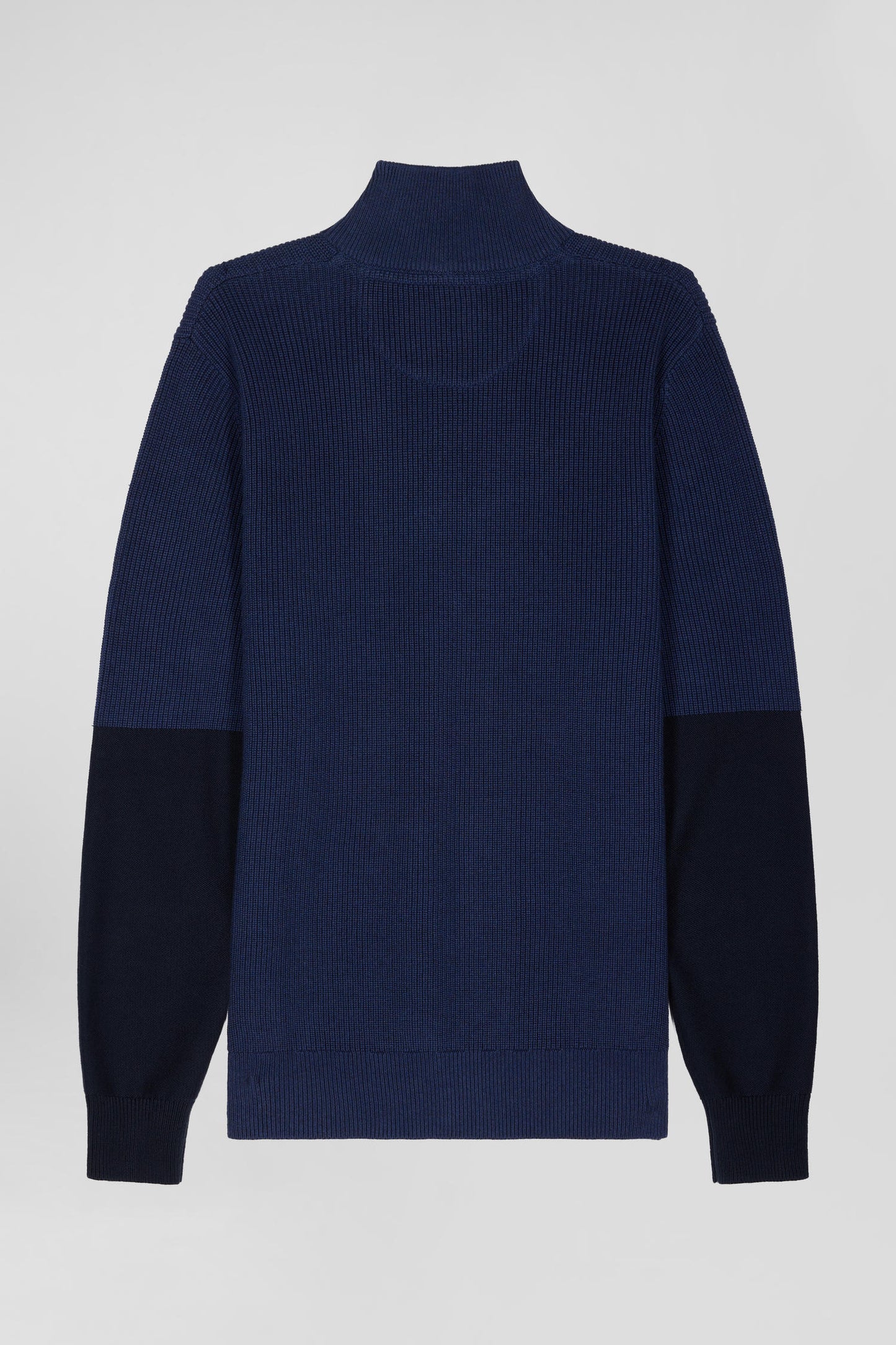 Regular dark blue semi-zipped cotton jumper with knit patterns