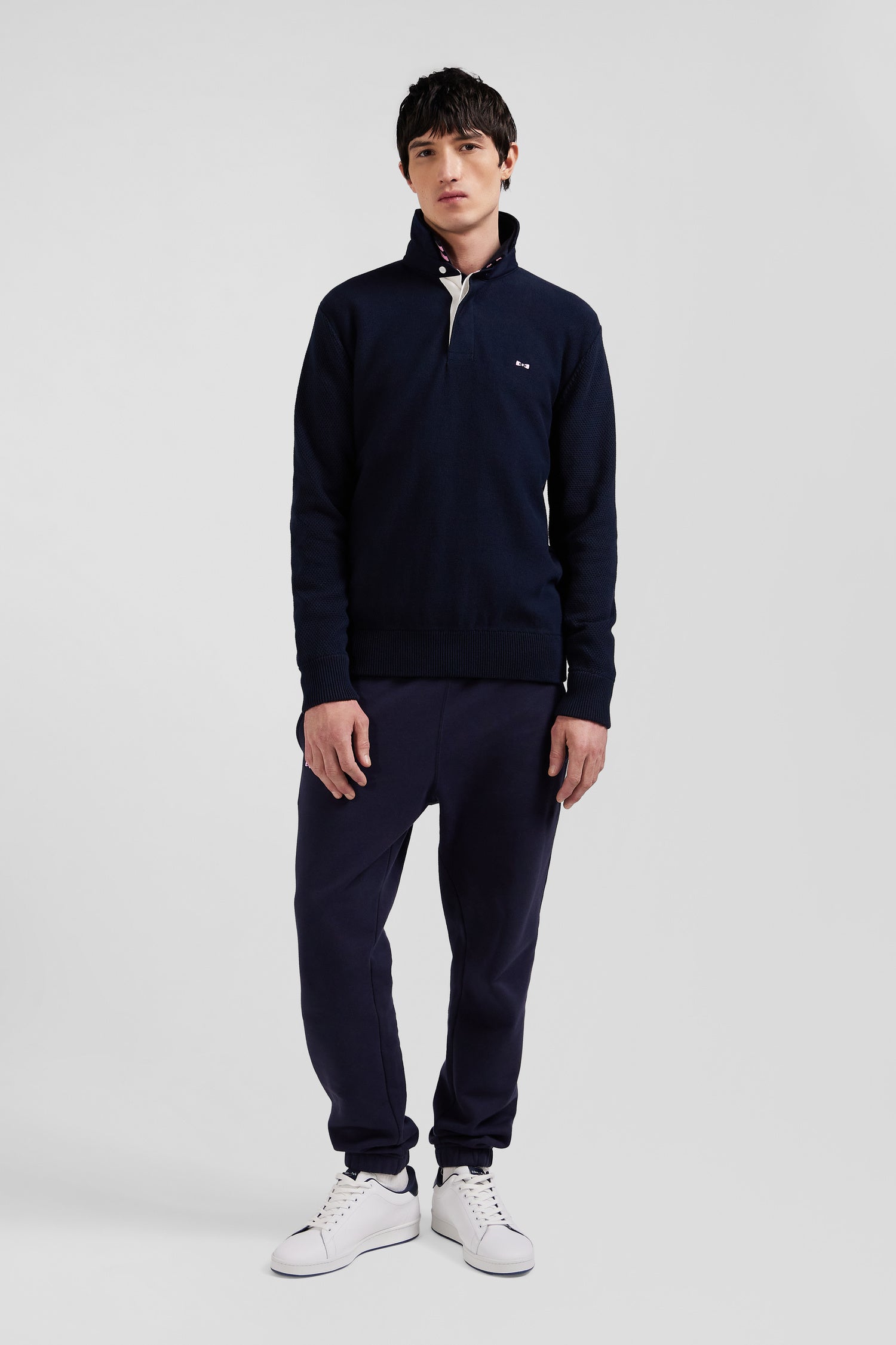 Regular navy blue cotton jumper with N°10 embroidery and rugby shirt collar