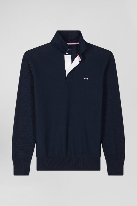 Regular navy blue cotton jumper with N°10 embroidery and rugby shirt collar - Image 2