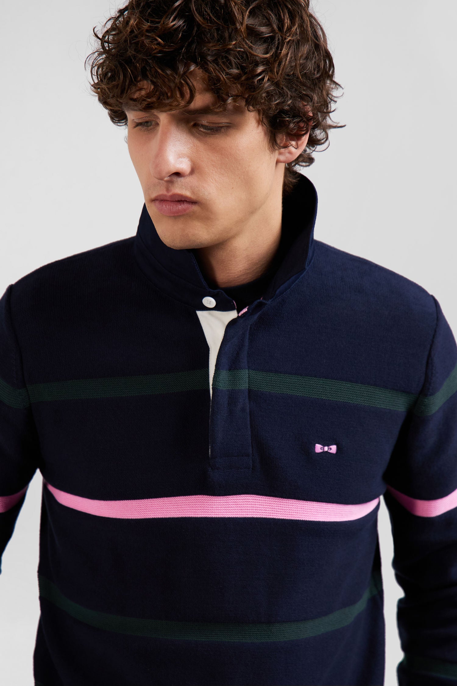 Regular green striped cotton polo neck jumper