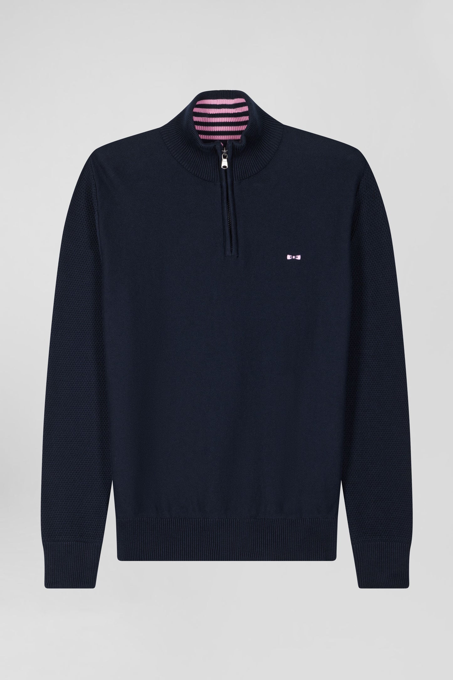 Regular navy blue semi-zipped cotton jumper