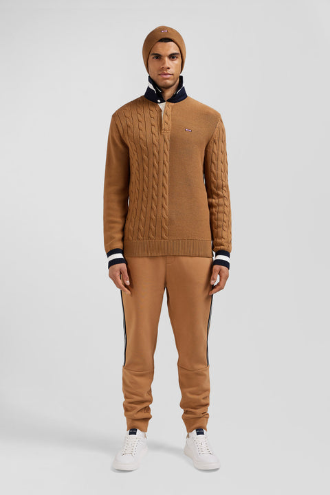 Regular camel cotton jumper with rugby shirt collar - Image 1